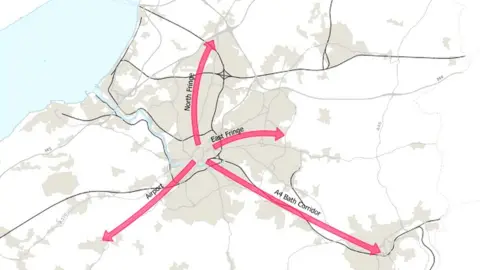 Weca Map of possible Bristol metro lines covering, north, south, east and Airport routes