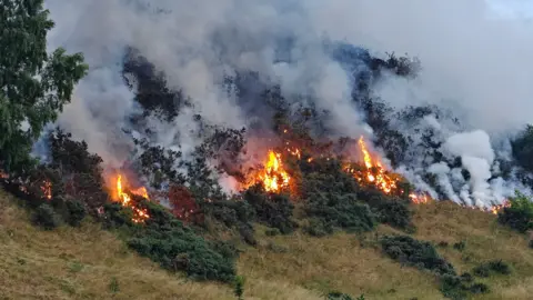 Malcolm McFadyen Burning vegetation on the side of Arthur's Seat. There are orange flames and plumes of smoke.