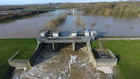 The Leigh flood storage area in operation, February 2018