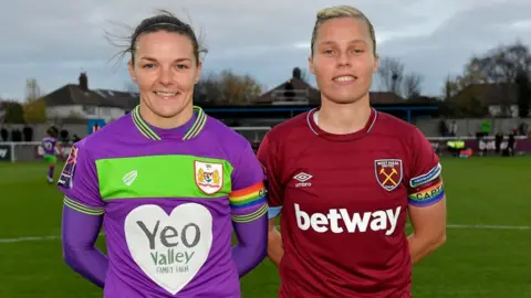 ARFA GRIFFITHS/WEST HAM UNITED VIA GETTY IMAGES Loren Dykes of Bristol City and Gilly Flaherty of West Ham United