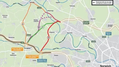 Norfolk County Council Map of new western link for Norwich bypass