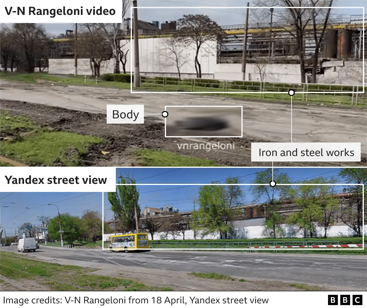 Split image showing video screenshot and Yandex street view