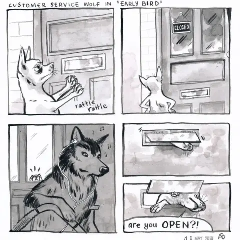 Anne Barnetson/CustomerServiceWolf.com Four panel comic. First panel shows a small dog pushing a letterbox on a door to make a rattle sound. Second panel shows the dog looking at the door. Third panel shows the wolf inside the shop with a pair of headphones cleaning up with the dog looking through the door window. The fourth panel shows the dog's muzzle peeking through the letterbox shouting 'Are you open?'