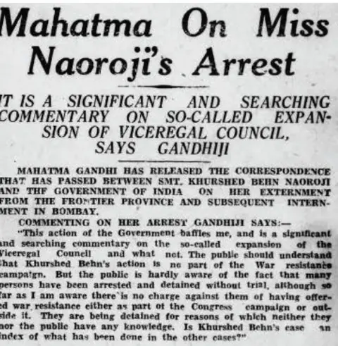 Gandhi on Khurshedben's arrest: after Khurshedben's arrest in Waziristan, the British government ordered her externment from the NWFP, an order which Khurshedben insisted on defying. Her subsequent imprisonment pushed Gandhi to make a public statement criticizing the government's treatment of her.