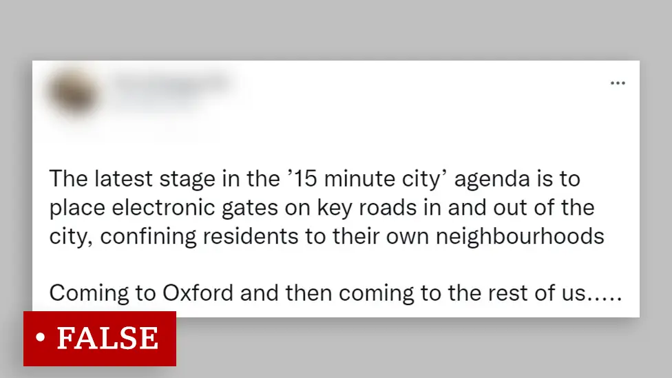 Twitter Screengrab of a tweet falsely alleging that 15-minute neighbourhoods will confine Oxford residents to their homes