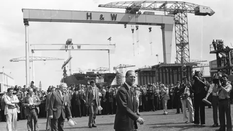 Pacemaker Duke of Edinburgh visiting Harland and Wolff during the Jubilee visit, July 1977