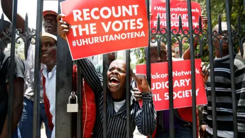 Reuters Mr Kenyatta's supporters protest outside the country's Supreme Court, 19 September 2017