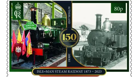 IOMPO Stamp featuring the trains present and past