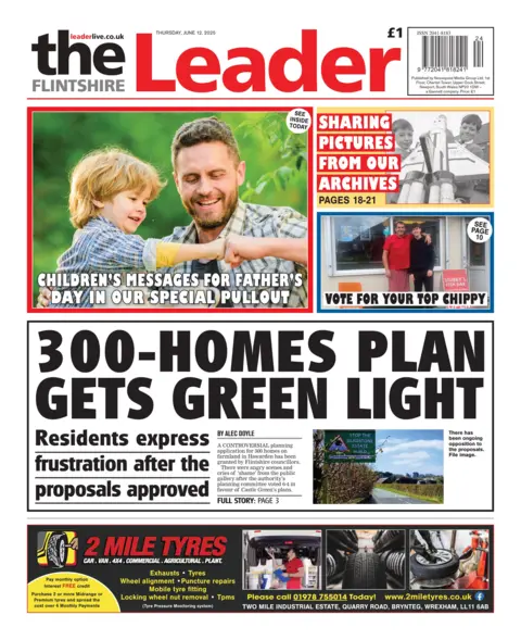 The Flintshire Leader The Flintshire Leader front page, with a main headline reading "300-homes plan gets green light". 