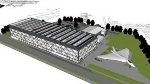 Williams Architecture CGI image of the planned extension to the Avro Heritage Museum in Stockport. The image shows the Vulcan bomber at its existing site.