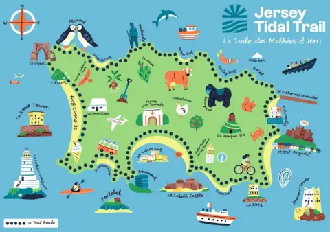 Visit Jersey A computer generated image of the trail map showing a variety of attractions across Jersey.