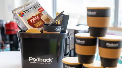 Barbara Evripidou A black Podback container with coffee making paraphernalia inside it and reusable coffee cups next to the container branded with "Podback"