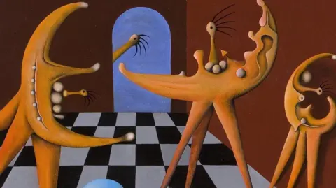 Getty Images Desmond Morris painting. It is a surrealist landscape of half moons on pointed legs and a checked floor.