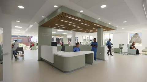 Newcastle Hospitals An artist's impression of the inside of the centre. There is a large reception desk in the middle of a big, light, white room which two people in blue scrubs sitting and standing around it. Around the desk are multiple seating areas with blue and green armchairs. There are people milling around.