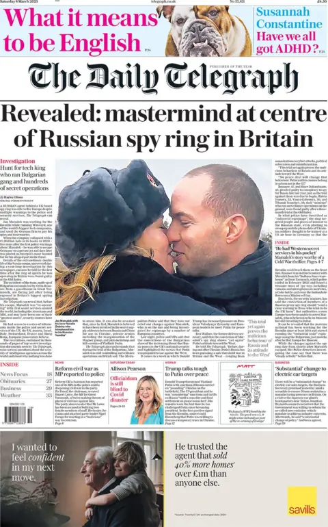 Judul Daily Telegraph Reads: Terungkap: Dalang di Pusat Cincin Mata -Mata Rusia di Inggris