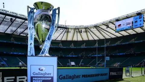 The Premiership trophy in Twickenham before the 2023 final