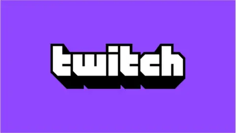 Twitch The twitch logo with a purple background, with the word Twitch in white with a black border.