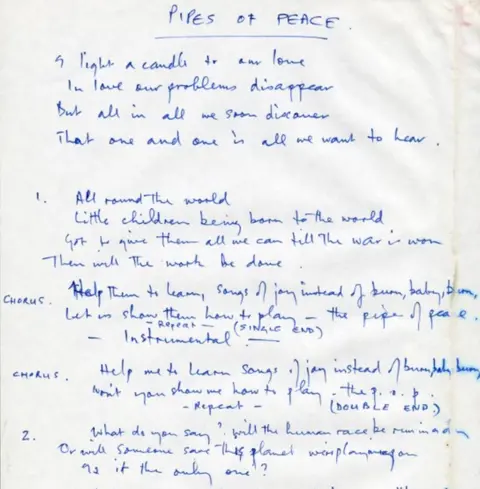 Paul McCartney/MPL Communications Inc/Ltd Lyric sheet for Pipes of Peace, written by Paul McCartney (detail)