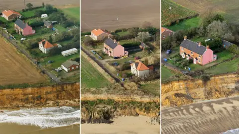 Mike Page A composite of aerial images showing the same row of houses near a cliff edge in 1998, in 2009 and in 2019. A pink house which was the third property from the edge in the oldest image, is then the second closest in 2009 and the closest in the most recent image. 