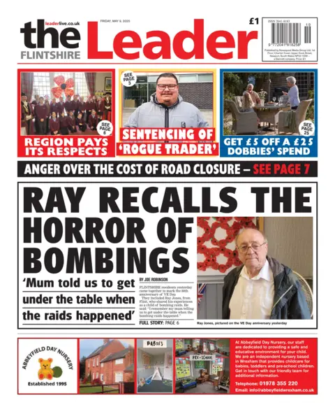 Flintshire Leader Front page of the Flintshire Leader has a picture of an older man beside the headline Ray recalls the horror of bombings 