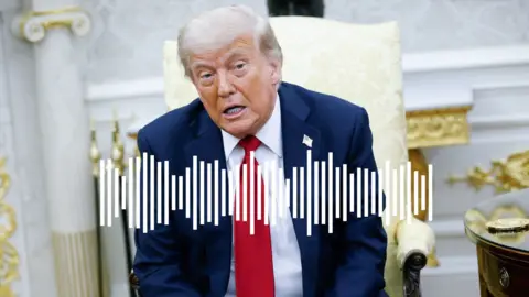 Donald Trump seated on a yellow chair with a white waveform graphic across his body