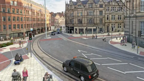 An artist's impression of a street with a black cab, pedestrians and city centre buildings
