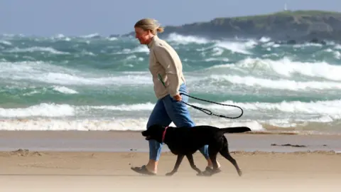 Reuters Woman with blonde hair, cream jumper and blue jeans walking on a beach with a black labrador during Storm Floris in August. The ocean behind her is choppy due to the wind.