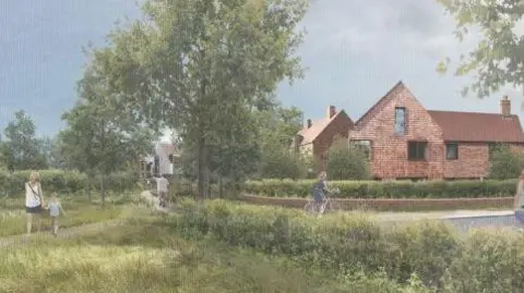 An artist's impression of the site shows new homes and paths and trees