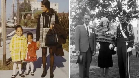 Kamala Harris / @realDonaldTrump The composite image shows Kamala Harris as a child with her younger sister Maya and mother Shyamala, and Donald Trump with his parents Fred and Mary at the New York Military Academy