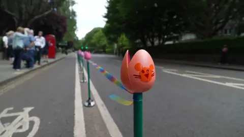 A close up of one of the plastic tulips bollards lining the bike lane