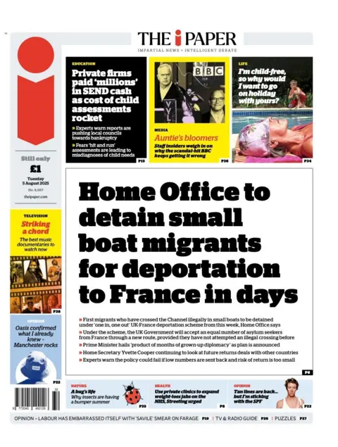 The headline on the front page of the i Paper reads: "Home Office to detain small boat migrants for deportation to France in days".