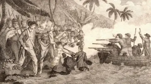 Getty A detailed historical engraving depicts a tense shoreline confrontation with armed figures on land and others firing from a boat offshore.