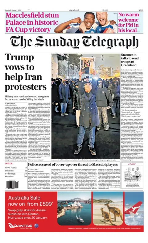 The headline on the front page of the Telegraph reads: "Trump vows to help Iran protesters".