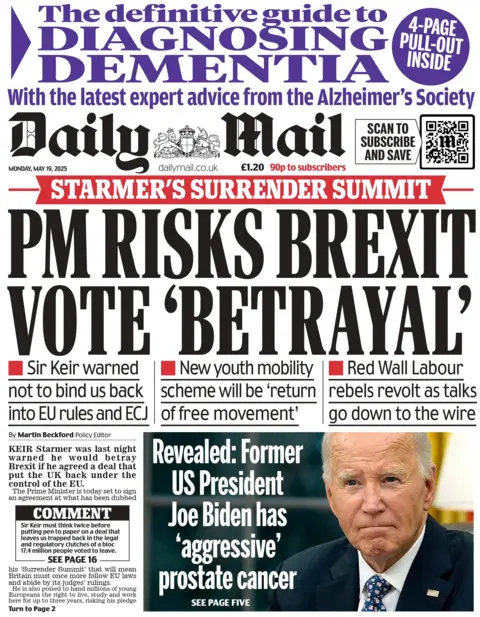 The front page of the Daily Mail reads PM risks Brexit vote 'betrayal'