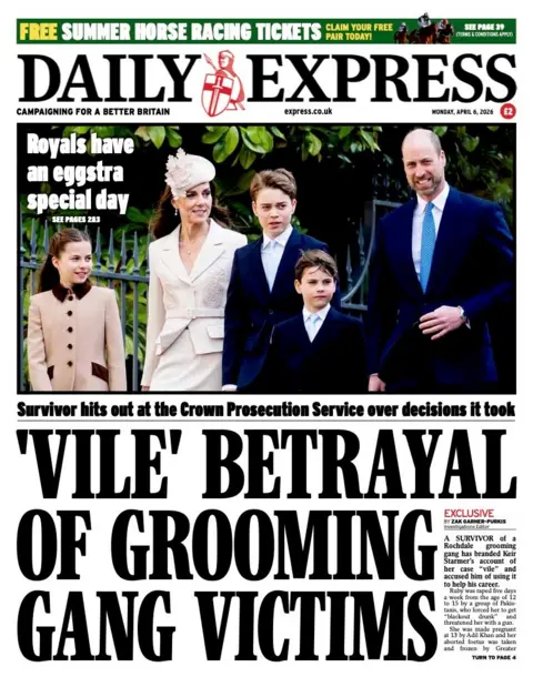 The headline on the front page of the Daily Express reads: “'Vile' betrayal of grooming gang victims”.