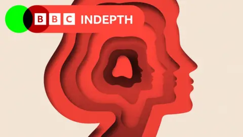 A paper cut-out showing a woman's head shrinking within larger cut-outs