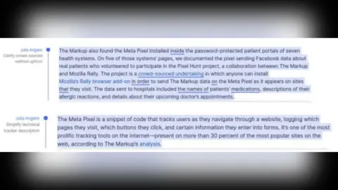 A screenshot of the Grammarly "Expert Review" interface showing two AI-generated editing suggestions attributed to Julia Angwin. On the left side, the name "Julia Angwin" appears next to a blue dot and specific instructions: "Clarify crowd-sourced method upfront" and "Simplify technical tracker description." 