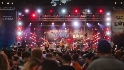 Menter Caerdydd A stage with pink and purple lights at nightime, with a band on the stage including a guitarist in the middle and then the backs of the heads of the vast crowds in the foreground