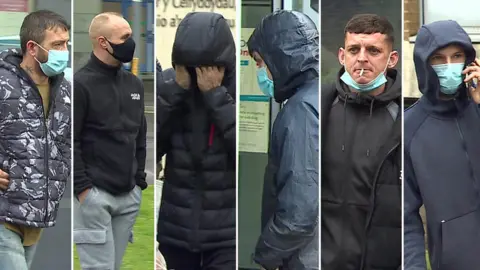 BBC Paul Jones, Michael Parsons, Kian Hurley, William Smolden, Kye Dennis and Aaron Phillips arriving at court