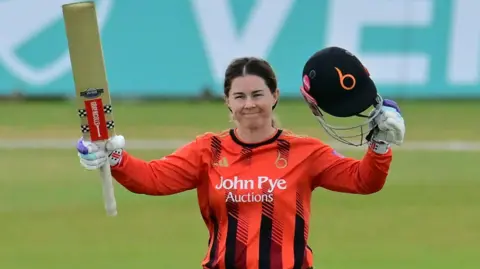 Tammy Beaumont celebrates bringing up her century for The Blaze at Trent Bridge