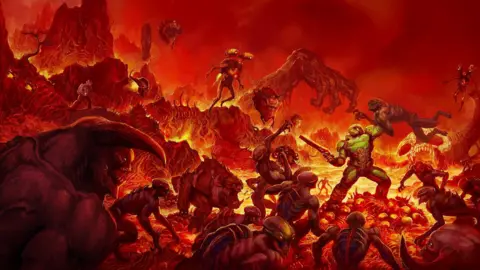 Bethesda A post-apocalyptic artwork from DOOM which shows a soldier in green armour holding up a demon with one hand and a gun in the other. Loads of demons are surrounded by orange lava are headed for the marine on a mountainous setting. 