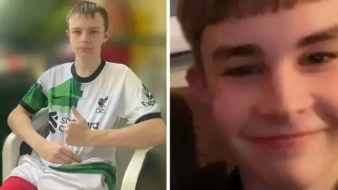 Avon and Somerset Police A composite image of Mason (left) and Max (right). Mason is pictured wearing a green, white and black Liverpool shirt, and is sitting in a white plastic chair with a thumb up at the camera. The picture of Max is a close-up image and he is smiling at the camera. 