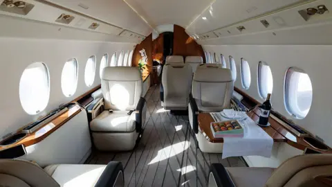 Getty Images Seats onboard a Dassault Falcon 6X business jet on display during the Singapore Airshow in Singapore,