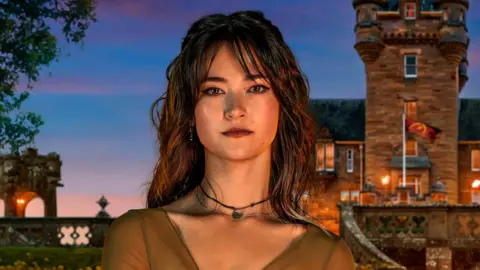Official Traitors shot of Jade in front of the Scottish castle where the series is filmed