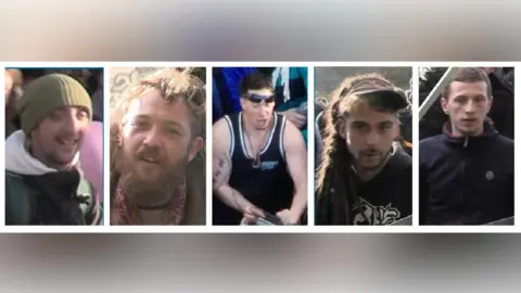 Dorset Police Composite image showing five side-by-side close-up photographs of different individuals in an outdoor crowd setting. From left to right: a person wearing a knit beanie and layered jacket; a person with a beard and tousled hair wearing a bandana around the neck; a person in sunglasses and a sleeveless top; a person with long dreadlocks and a visor cap; and a person wearing a dark zip-up jacket.