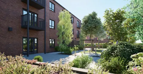 Places for People Living Plus Another visualisation of what the homes could look like, with trees growing next to the apartment block, with is red-bricked with dark metal railings and window fixtures.