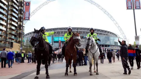 PA Police horses outside Wembley Stadium before a 2018 FA Cup semi-final