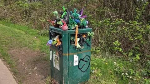Lee Mason A litter bin in a park in Cardiff full of bags of dog waste. On top of the bin there are piles of dog waste bags.