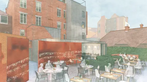 Corstorphine and Wright Architects Design concept for the hotel rooftop bar. It depicts various tables with people sat around them. Other buildings can be seen in the distance.
