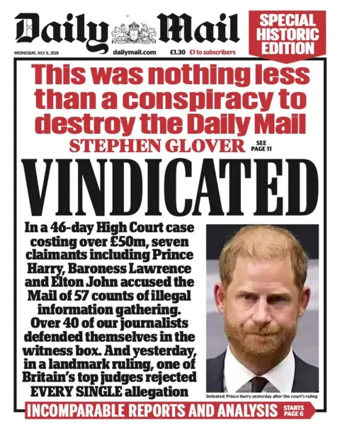 The headline on the front page of the Daily Mail reads: 'Vindicated.'
